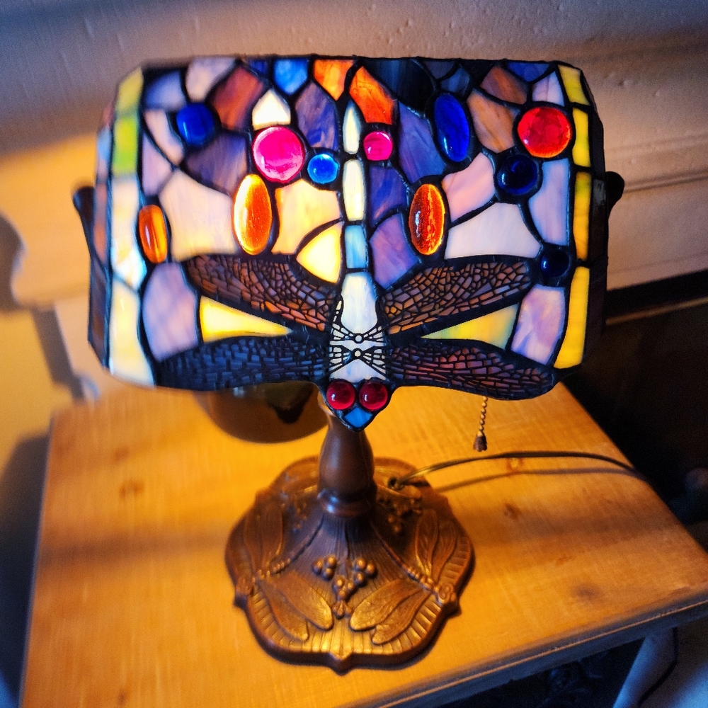 ❤️SOLD❤️ Tiffany Style Stained Glass Dragonfly Bankers Lamp